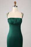 Dark Green Sheath Spaghetti Straps Pleated Maxi Dress With Slit