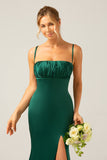 Dark Green Sheath Spaghetti Straps Pleated Long Bridesmaid Dress With Slit