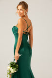 Dark Green Sheath Spaghetti Straps Pleated Long Bridesmaid Dress With Slit