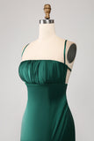 Dark Green Sheath Spaghetti Straps Pleated Maxi Dress With Slit