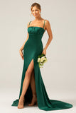 Dark Green Sheath Spaghetti Straps Pleated Long Bridesmaid Dress With Slit