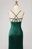 Dark Green Sheath Spaghetti Straps Pleated Maxi Dress With Slit