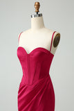 Burgundy Mermaid Spaghetti Straps Pleated Prom Dress With Slit