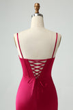 Burgundy Mermaid Spaghetti Straps Pleated Prom Dress With Slit