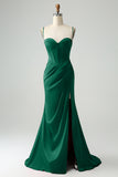 Burgundy Mermaid Spaghetti Straps Pleated Prom Dress With Slit