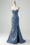 Burgundy Mermaid Spaghetti Straps Pleated Prom Dress With Slit