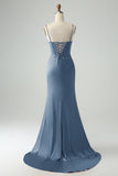 Burgundy Mermaid Spaghetti Straps Pleated Prom Dress With Slit