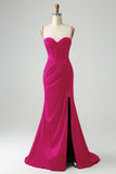 Burgundy Mermaid Spaghetti Straps Pleated Prom Dress With Slit