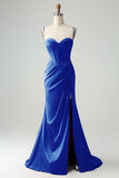 Burgundy Mermaid Spaghetti Straps Pleated Prom Dress With Slit