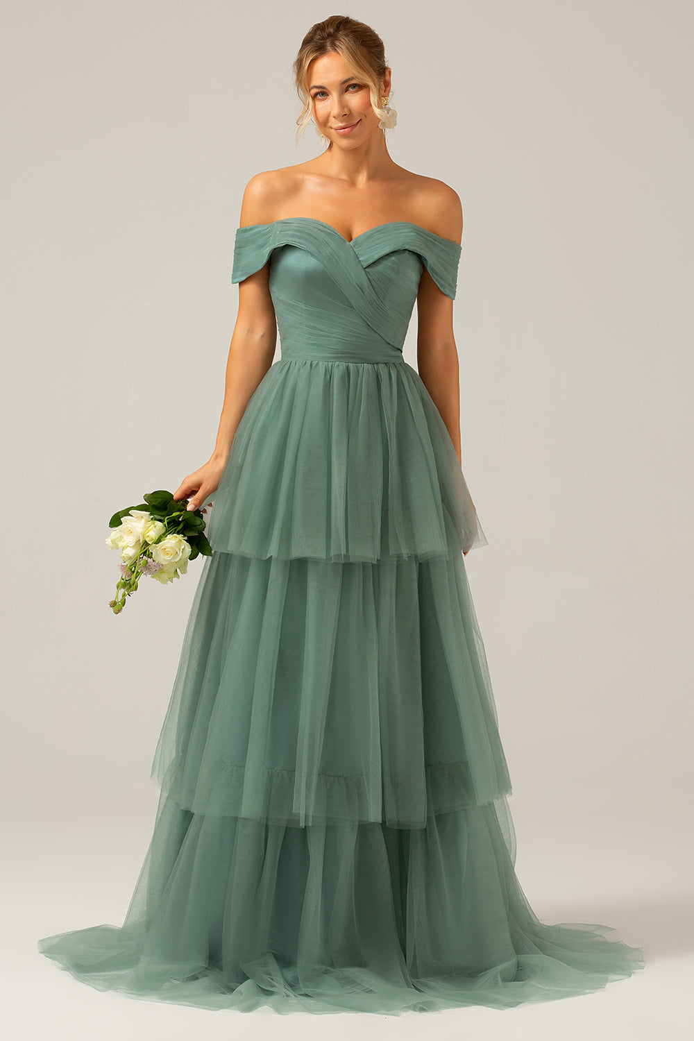 Wedtrend Women Grey Green Bridesmaid Dress A-Line Off The Shoulder Pleated Tiered Long Wedding Guest Dress, Grey Green / US22W Wedtrend Women Grey Green Bridesmaid Dress A-Line Off The Shoulder Pleated Tiered Long Wedding Guest Dress, Grey Green / US22W