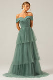 Grey Green A-Line Off The Shoulder Pleated Tiered Long Bridesmaid Dress