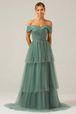 Grey Green A-Line Off The Shoulder Pleated Tiered Long Bridesmaid Dress