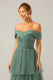 Grey Green A-Line Off The Shoulder Pleated Tiered Long Bridesmaid Dress