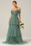 Grey Green A-Line Off The Shoulder Pleated Tiered Long Bridesmaid Dress