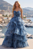 Grey Blue A Line Strapless Print Pleated Tiered Long Prom Dress With Lace-Up Back