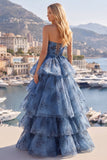 Grey Blue A Line Strapless Print Pleated Tiered Long Prom Dress With Lace-Up Back