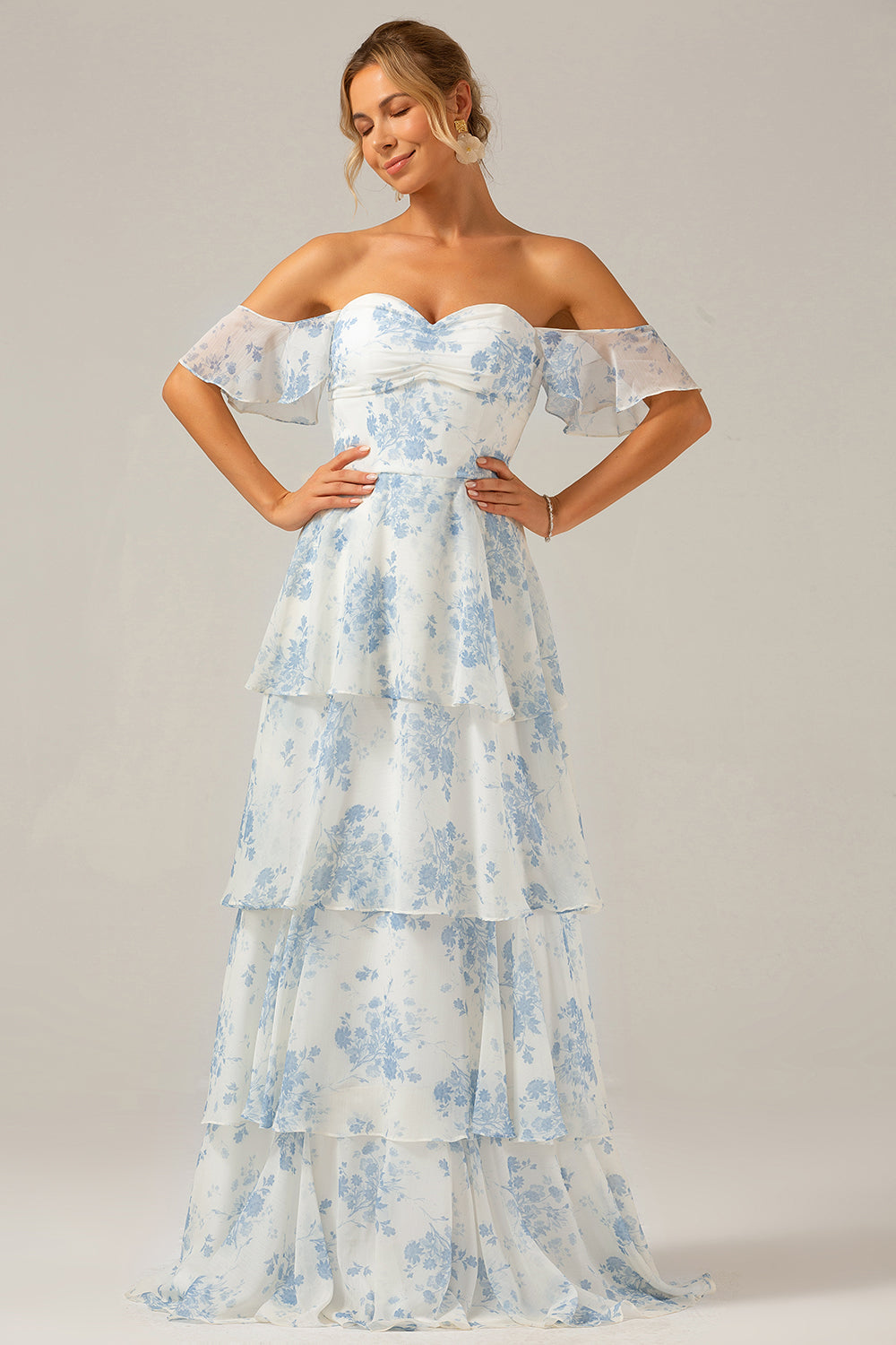Wedtrend Women White Blue Floral Bridesmaid Dress A-Line Off The Shoulder Tiered Print Maxi Wedding Party Guest Dress WEDTREND Wedtrend Women White Blue Floral Bridesmaid Dress A-Line Off The Shoulder Tiered Print Maxi Wedding Party Guest Dress WEDTREND