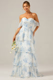 White Blue Floral A-Line Off The Shoulder Tiered Print Bridesmaid Dress