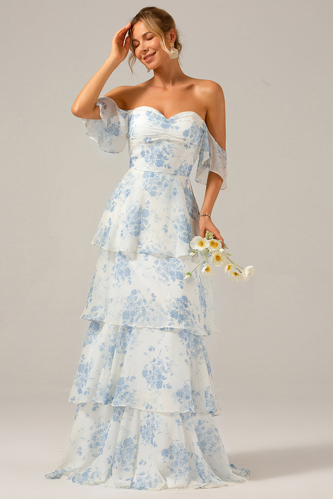 White Blue A Line Corset Tiered Floral Long Wedding Party Guest Dress