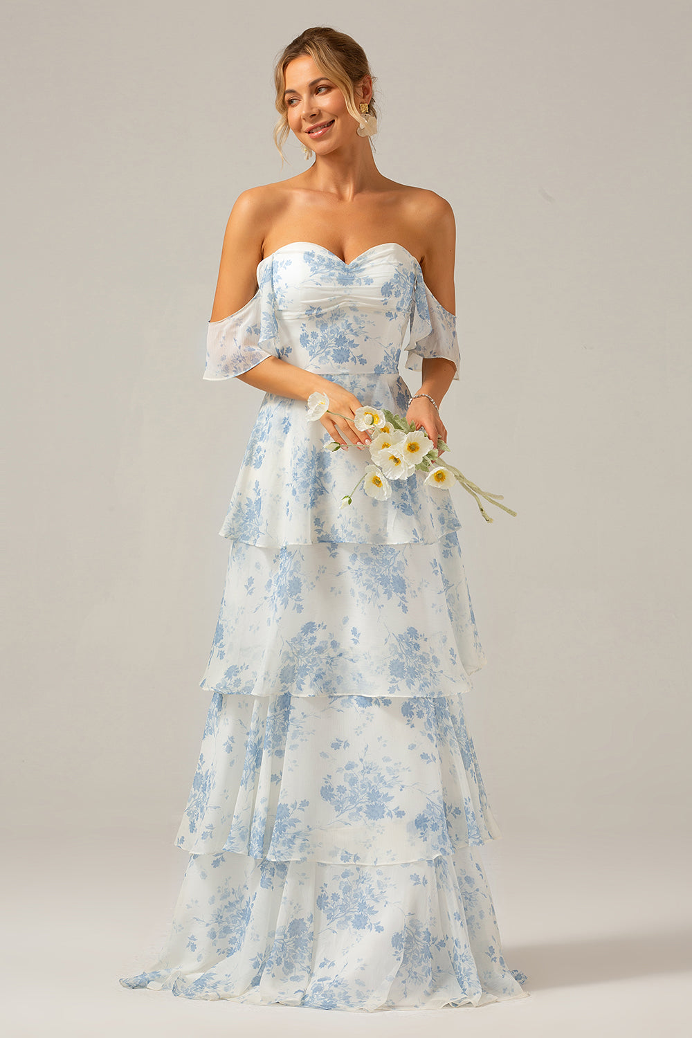 Wedtrend Women White Blue Floral Bridesmaid Dress A-Line Off The