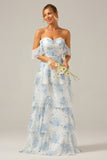 White Blue Floral A-Line Off The Shoulder Tiered Print Maxi Dress