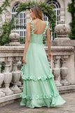 Green A Line Ruffle Sleeve Corset Chiffon Long Bridesmaid Dress with Ruffles