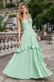 Green A Line Ruffle Sleeve Corset Chiffon Long Bridesmaid Dress with Ruffles
