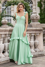 Green A Line Ruffle Sleeve Corset Chiffon Long Bridesmaid Dress with Ruffles