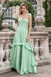 Green A Line Ruffle Sleeve Corset Chiffon Long Bridesmaid Dress with Ruffles
