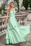 Green A Line Ruffle Sleeve Corset Chiffon Long Bridesmaid Dress with Ruffles