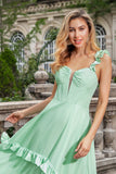 Green A Line Ruffle Sleeve Corset Chiffon Long Bridesmaid Dress with Ruffles