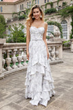Brown Flower A Line Spaghetti Straps Tiered Lace-up Back Bridesmaid Dress