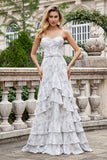 Brown Flower A Line Spaghetti Straps Tiered Lace-up Back Bridesmaid Dress