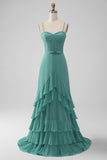 Grey Green A-Line Spaghetti Straps Tiered Chiffon Long Bridesmaid Dress