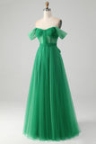 A Line Off The Shoulder Corset Long Prom Dress with Lace-Up Back