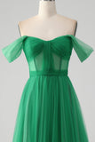 A Line Off The Shoulder Corset Long Prom Dress with Lace-Up Back
