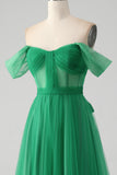 A Line Off The Shoulder Corset Long Prom Dress with Lace-Up Back