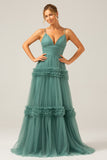 Grey Green A-Line Spaghetti Straps Pleated Backless Bridesmaid Dress