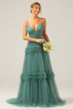 Grey Green A-Line Spaghetti Straps Pleated Backless Long Bridesmaid Dress