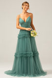 Grey Green A-Line Spaghetti Straps Pleated Backless Bridesmaid Dress