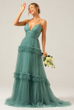 Grey Green A-Line Spaghetti Straps Pleated Backless Long Bridesmaid Dress