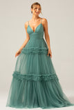 Grey Green A-Line Spaghetti Straps Pleated Backless Long Bridesmaid Dress