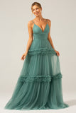 A-Line Spaghetti Straps Pleated White Blue Flower Maxi Bridesmaid Dress