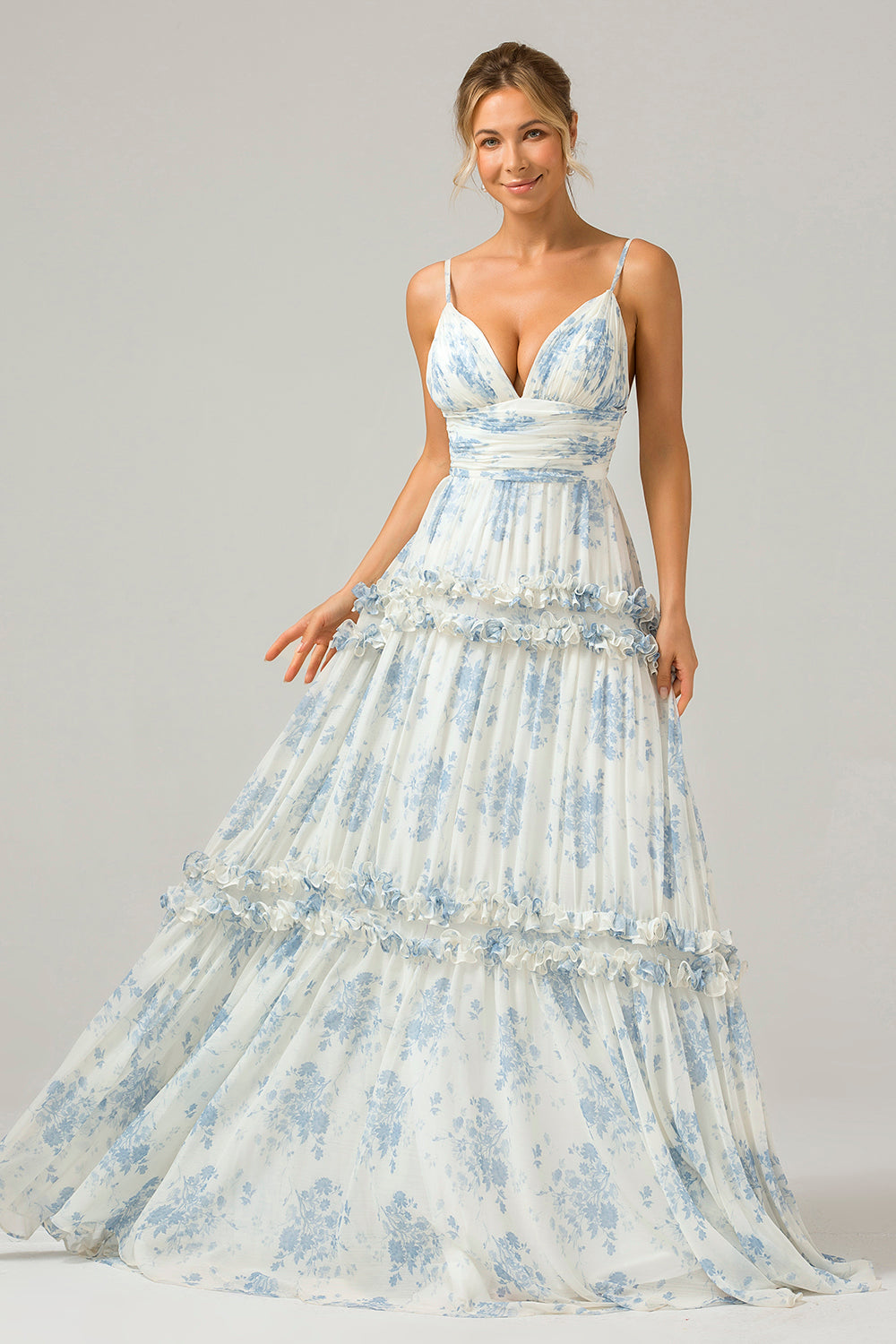 Wedtrend Women White Blue Flower Bridesmaid Dress A-Line Spaghetti Straps Backless Print Wedding Guest Dress WEDTREND Wedtrend Women White Blue Flower Bridesmaid Dress A-Line Spaghetti Straps Backless Print Wedding Guest Dress WEDTREND