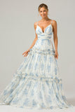 Grey Green A-Line Spaghetti Straps Pleated Backless Long Bridesmaid Dress