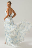 Grey Green A-Line Spaghetti Straps Pleated Backless Long Bridesmaid Dress