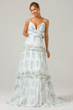 White Blue Flower A-Line Spaghetti Straps Backless Print Maxi Dress