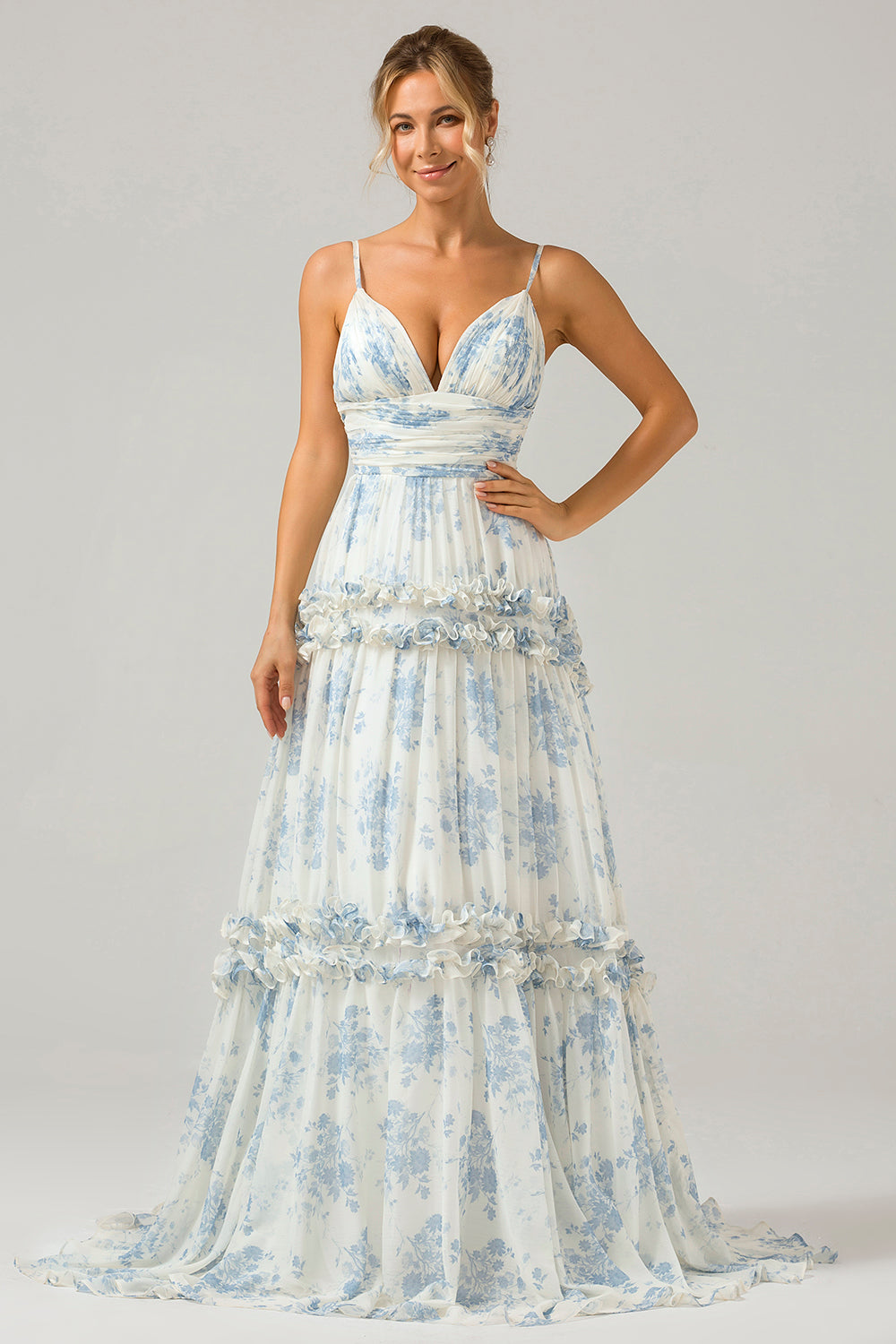 Wedtrend Women White Blue Flower Bridesmaid Dress A-Line Spaghetti Straps Backless Print Wedding Guest Dress, White Blue Flower / US20W