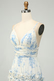 A-Line Spaghetti Straps Pleated White Blue Flower Maxi Dress