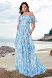 White Blue Flower A-Line Off The Shoulder Chiffon Tiered Long Bridesmaid Dress